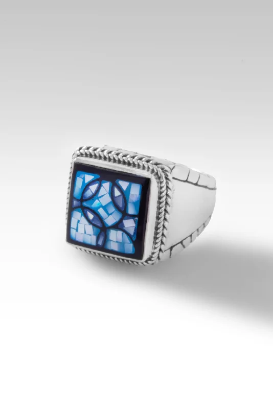 Women’s artisan rings with raw garnet texture -Believe Always Ring™ in Blue Mother of Pearl Mosaic