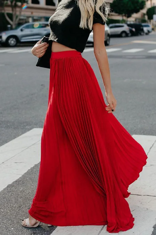 Black Dresses for Versatile -Solid Color High Waist Pleated Maxi Skirt