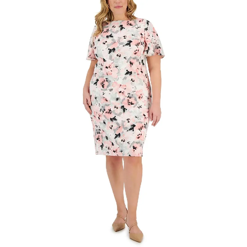 Belted Dresses for Shaping -Kasper Womens Plus Floral Print Midi Wear To Work Dress