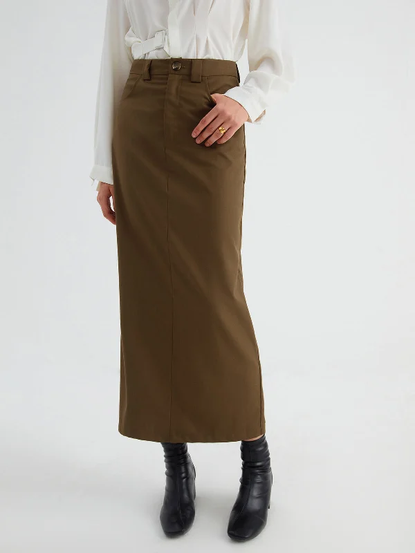 Khaki Dresses for Casual -BerryBetty - Maples Slit Maxi Skirt