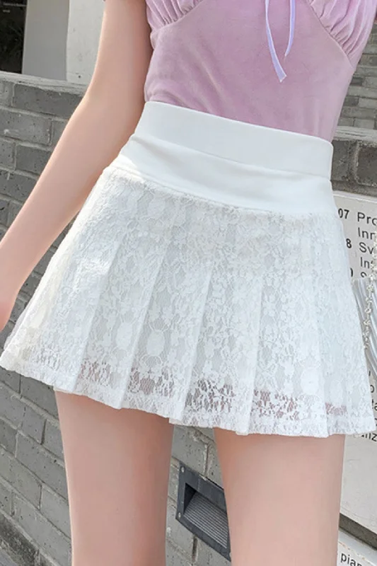 Low-waisted Dresses for Relaxed -Solid Color Lace Pleated Skirt