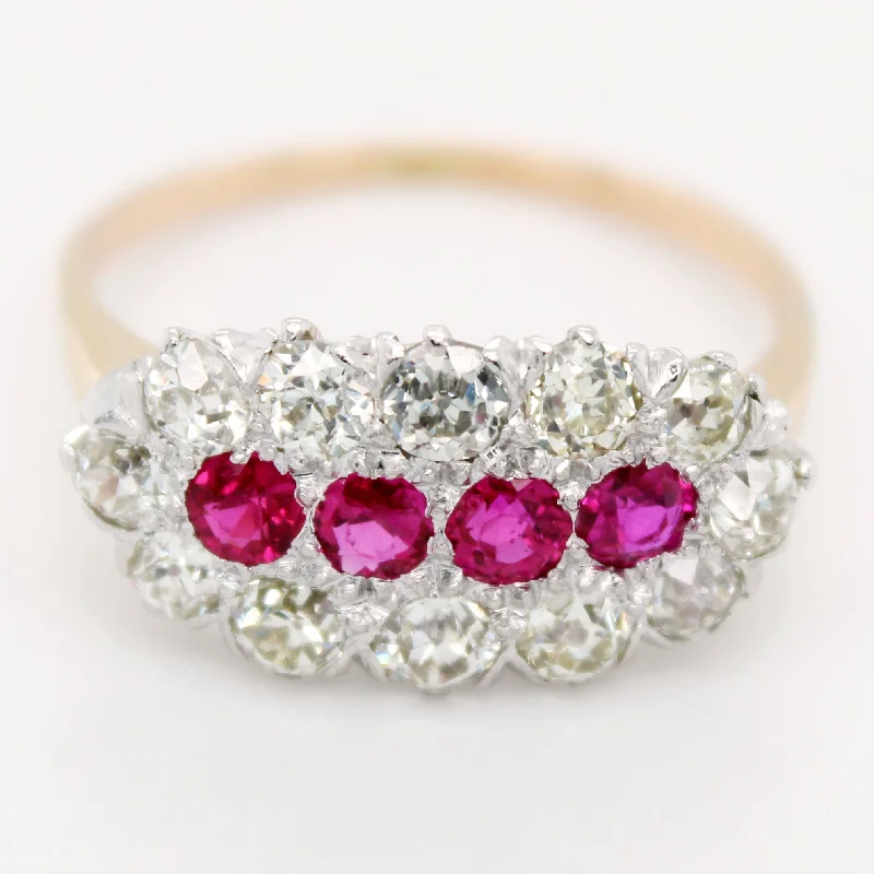 Women’s engagement rings with radiant-cut rubies -Vintage 0.45ctw Four Pink Rubies & Diamond Halo Band Ring in 14k Yellow Gold