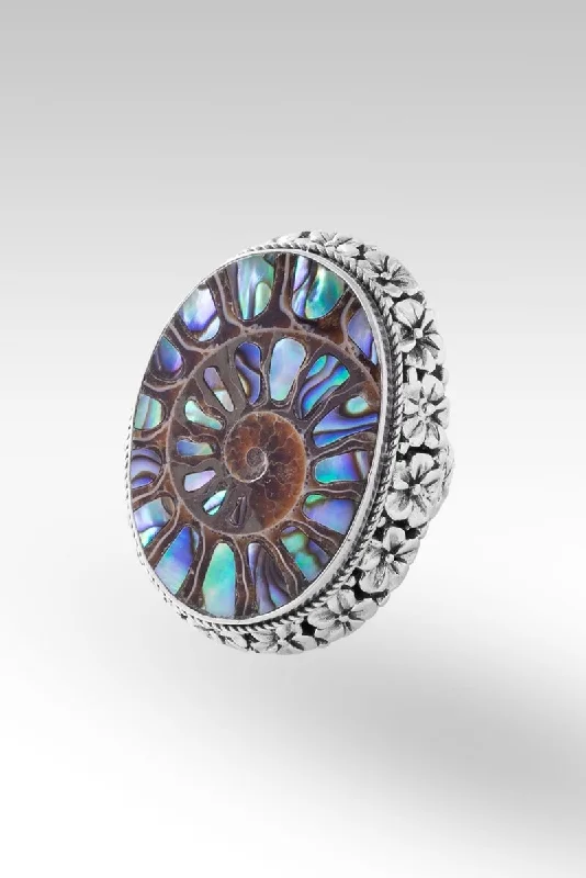 Women’s rings with rough garnet for rugged -Bloom With Grace Ring™ in Ammonite with Abalone Inlay