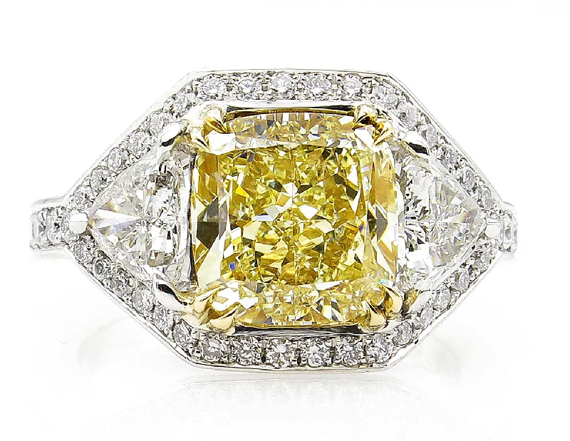 Women’s platinum rings with dazzling black diamonds -GIA 5.10ct Estate Vintage Fancy Yellow Cushion Diamond 3 Stone Engagement ring in Platinum/18k YG