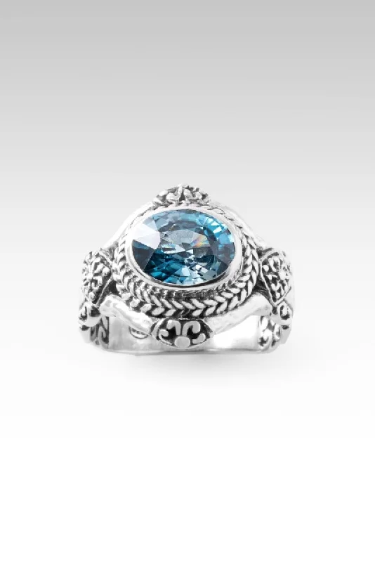 Women’s rings with spiral gold band twists -Faithful and True Ring™ in Blue Zircon