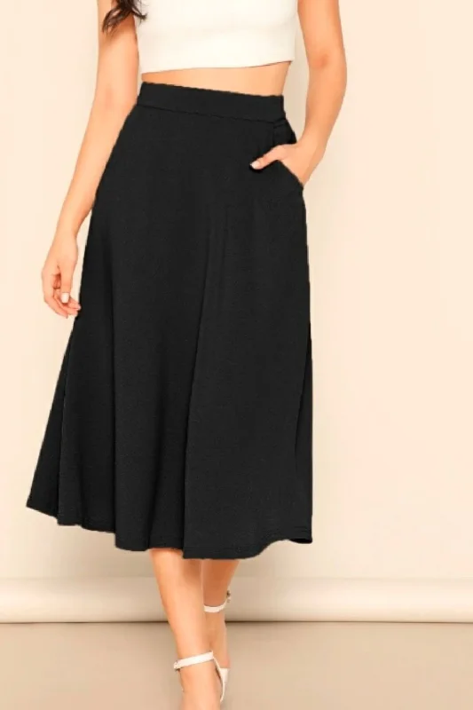 Elastic Dresses for Fit -Slant Pocket Swing Skirt Black