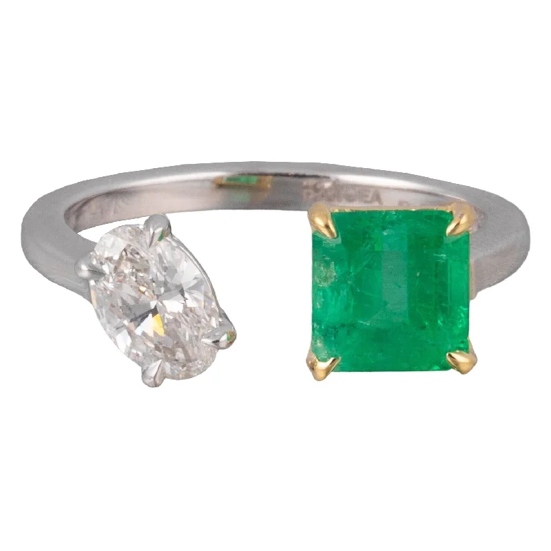 Women’s rings with etched wave band designs -GIA Columbian Emerald & Oval Diamond in Platinum & 18k Gold Ring 2.23tcw