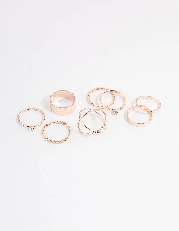 Women’s rings with jade stones for serenity -Rose Gold Thick & Diamante Ring 8-Pack