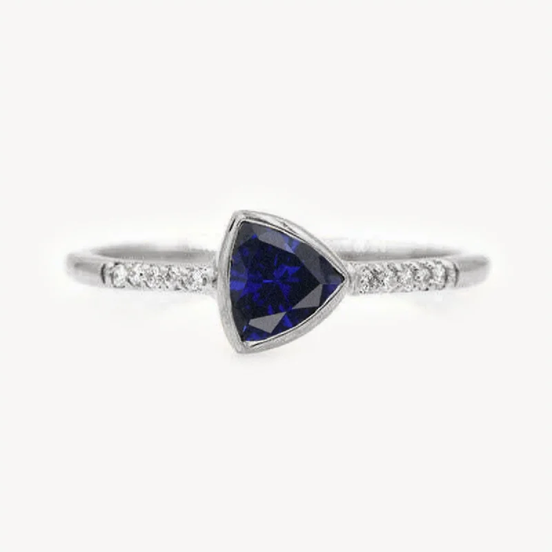 Women’s rings with tiger eye for boldness -Trillion Sapphire and Diamonds Ring - White Gold