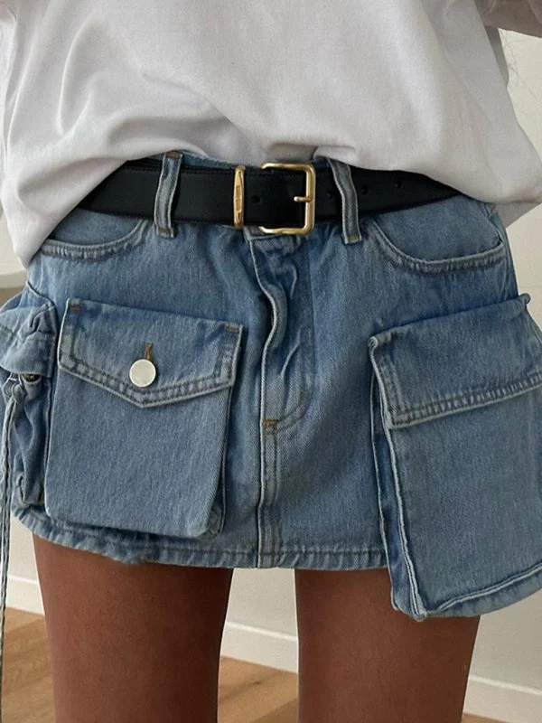 Denim Dresses for Casual Style -Women's Irregular Big Pocket High Waist Zipper Denim Skirt