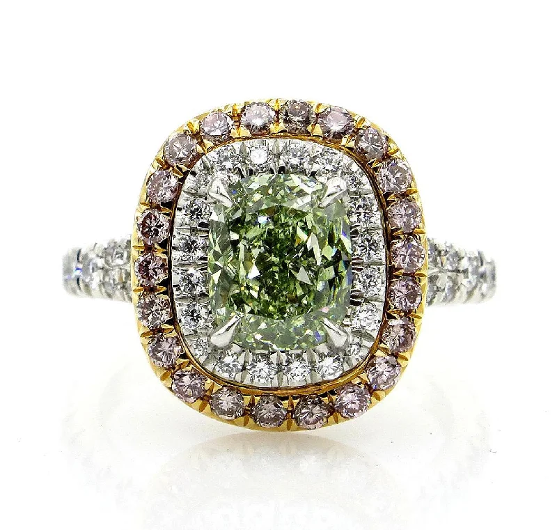 Women’s rings with bold agate for earth -Rare GIA 2.55ctw Fancy INTENSE GREEN Cushion Cut Diamond Engagement Platinum Ring