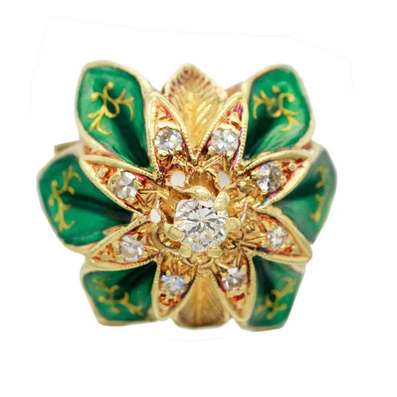 Women’s rings with topaz gems for brilliance -Art Deco 0.30ctw Diamond & Green Enamel Flower Cocktail Ring - 14k Yellow Gold