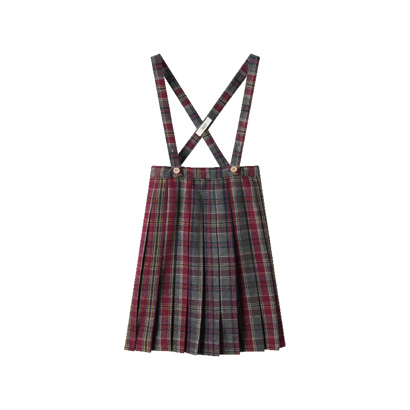 Graduation Dresses for Milestone -PLAID PLEATED SUSPENDER SKIRT-BURGUNDY PLAID