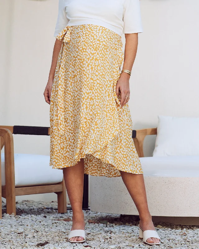 Beaded Dresses for Glamour -Christie Maternity Wrap Midi Skirt in Yellow Animal Print