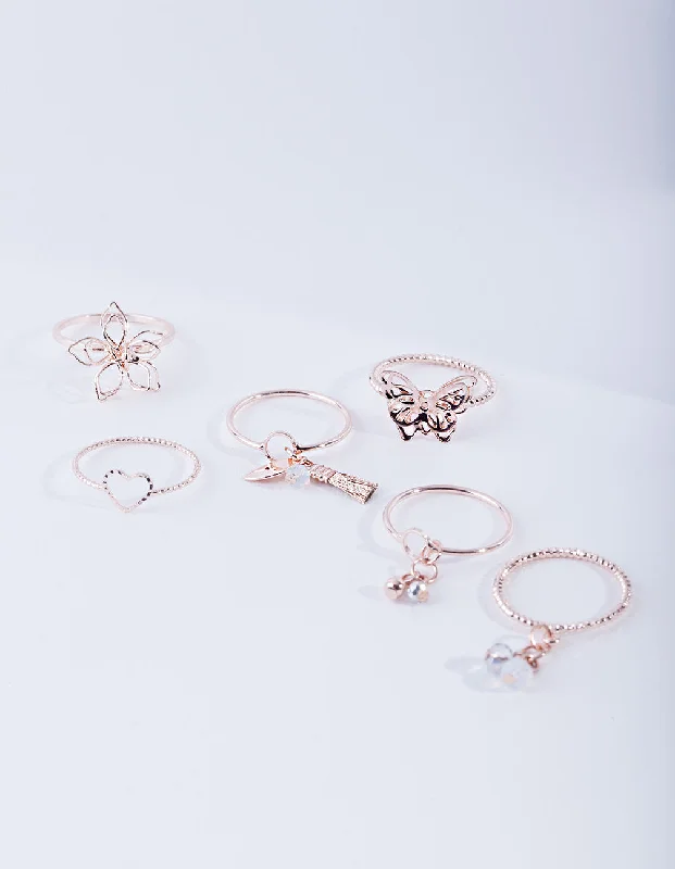 Women’s vintage-style rings with oxidized finish -Rose Gold Nature Shapes Ring Pack