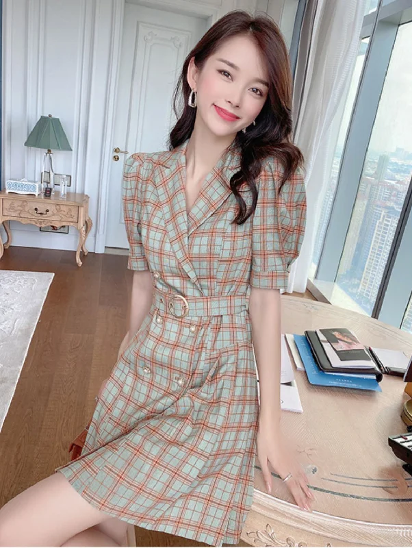 Orange Dresses for Energetic -Plaid short sleeve dress with belt