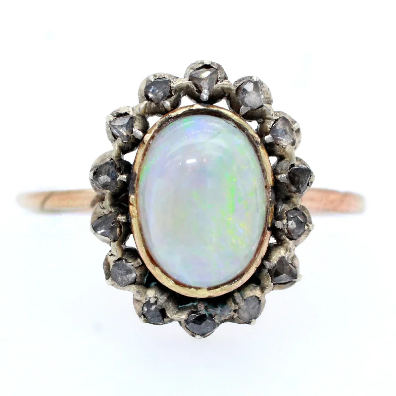 Women’s rings with shield-cut topaz stones -Antique Art Nouveau 0.75ct Precious Opal & Diamond Pin Conversion Ring 14k Gold