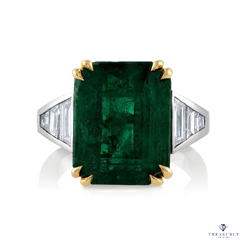 Women’s rings with polished amber for warmth -GIA 10.05ct Step cut Rectangular Green Emerald Diamond Plat 18k YG Ring