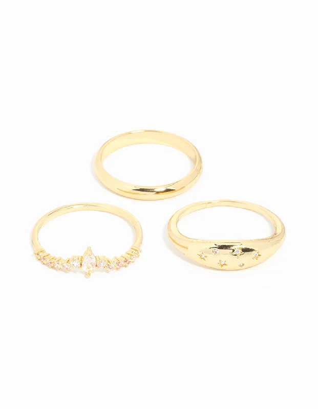 Women’s rings with herkimer diamonds for clarity -Gold Plated Cubic Zirconia Cluster & Plain Rings 3-Pack