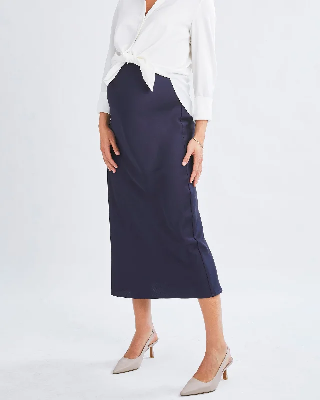 Christmas Dresses for Holiday -Sheena Maternity Satin-Finish Midi Work Skirt in Navy