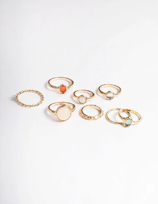 Women’s rings with crescent moonstone for charm -Gold Natural Stone Mixed Ring Pack