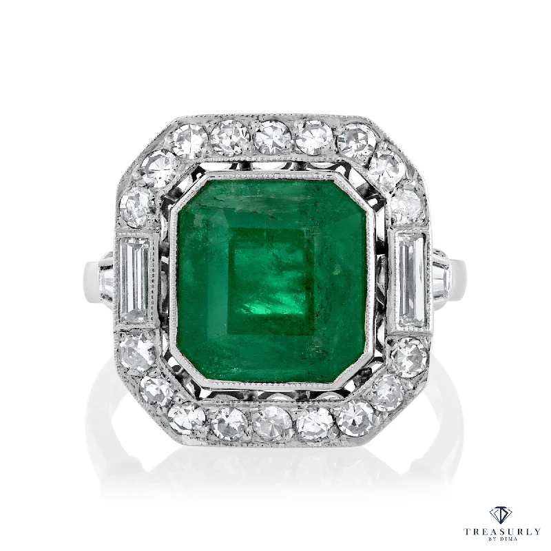 Women’s rings with peridot stones for sparkle -Fine Art Deco 5.50ctw GIA Green Emerald and Diamond Platinum Ring