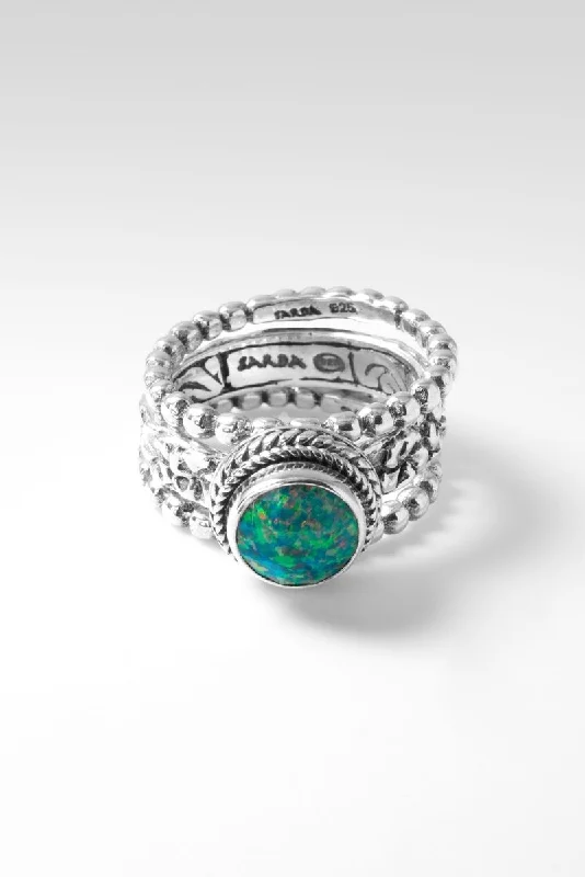 Women’s rings with engraved floral band patterns -Bloom Bright Ring Set of 3™ in Sea Green Simulated Opal