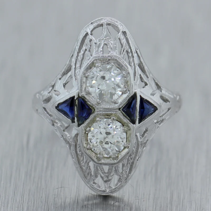 Women’s rings with etched initials for meaning -1930s Antique Art Deco 18k White Gold 0.42ctw Diamond Sapphire Filigree Ring