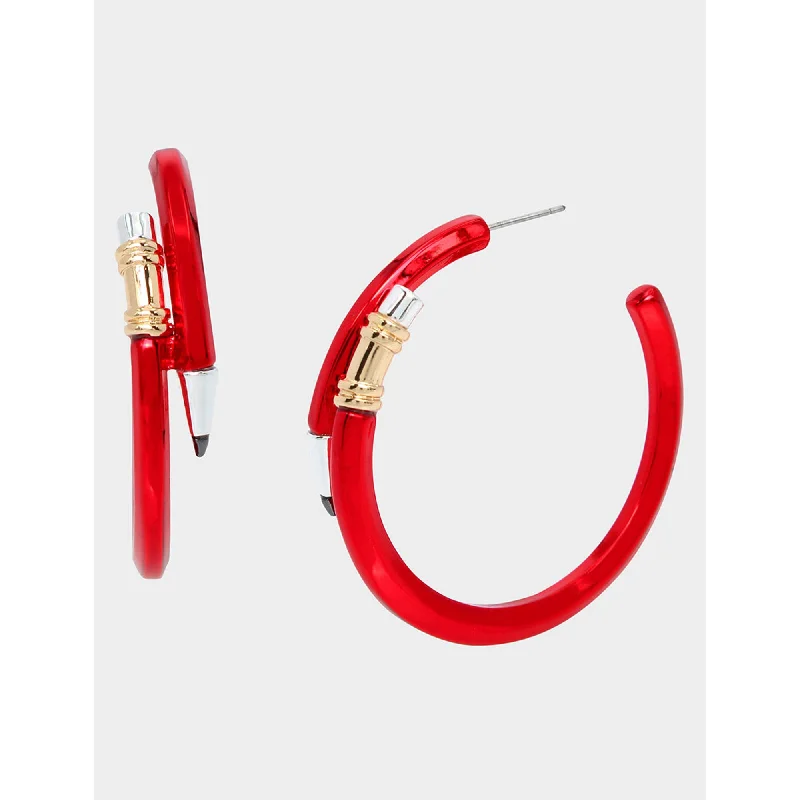 Hoop earrings with twisted metal designs for a dynamic and modern style-Book Smart Pencil Hoop Earrings Red