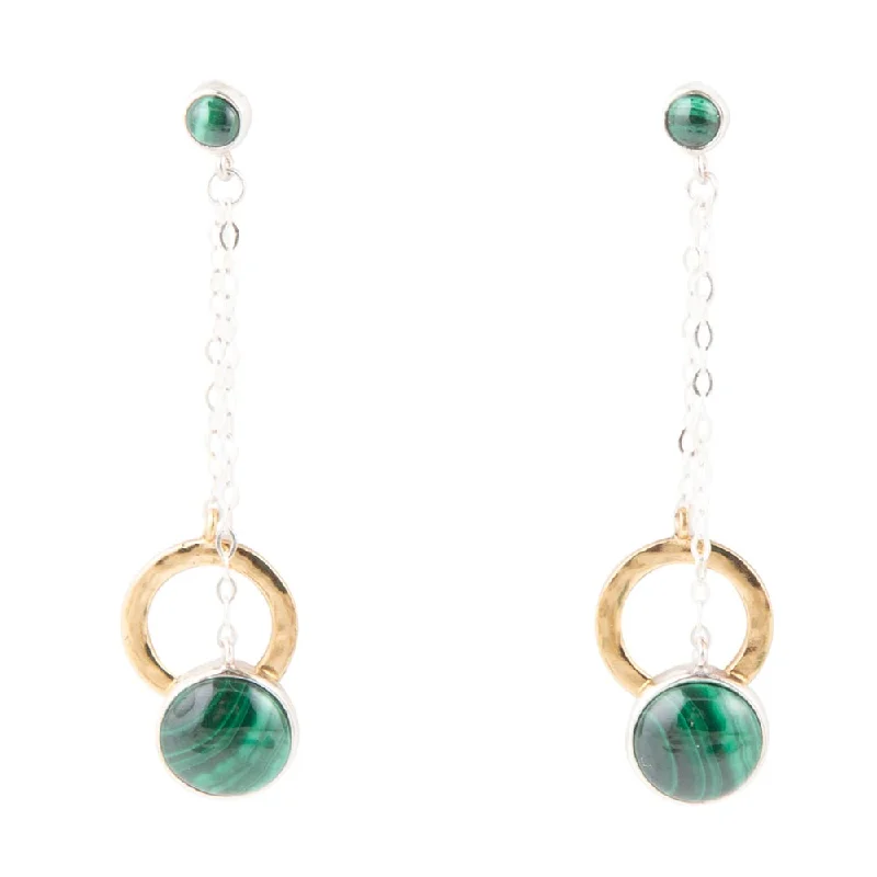 Best hoop earrings with floral designs for a feminine and delicate look-Circle Green Malachite and Two-Toned Metal Dangle Earrings