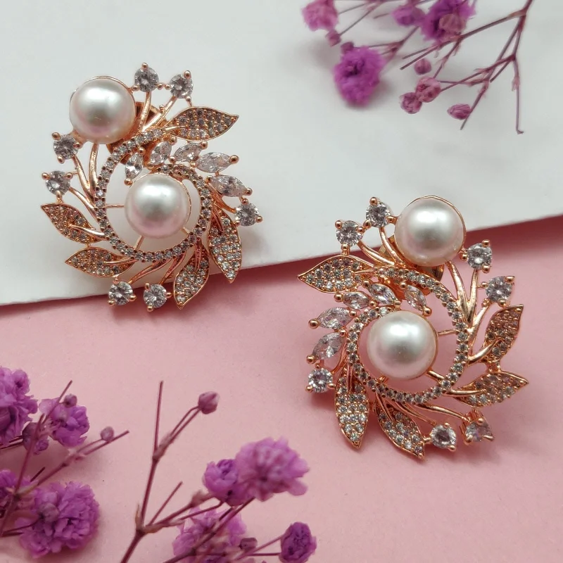 Hoop earrings with gold accents for a warm, elegant statement piece-Pearl Elegant AD Studs in Rose Gold