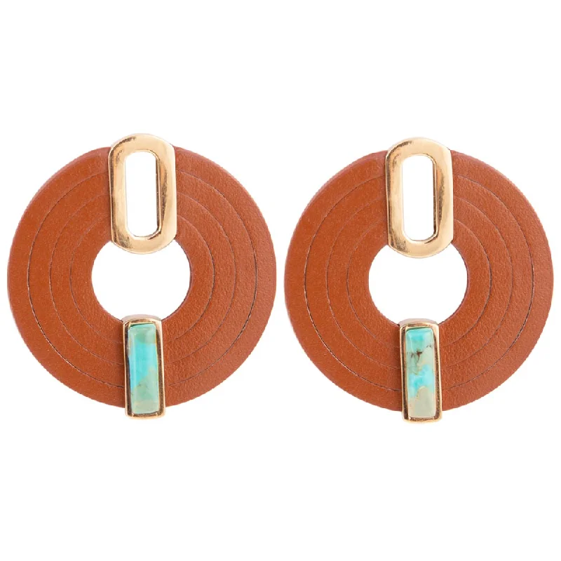 Best hoop earrings with satin ribbons for a soft, feminine appearance-Discus Blue Turquoise and Natural Leather Golden Earrings