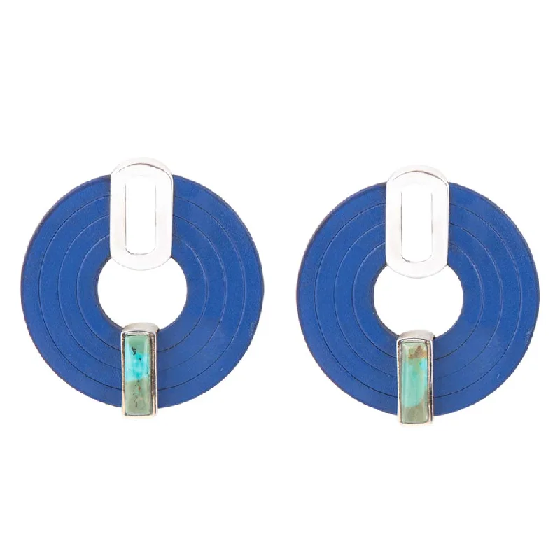 Hoop earrings with multi-tone finishes for a colorful and layered effect-Discus Blue Turquoise and Leather Sterling Silver Earrings