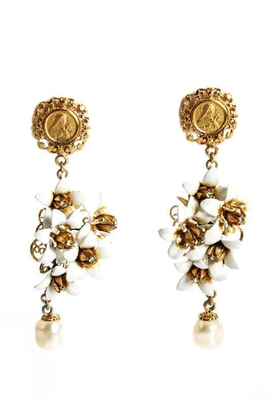 Hoop earrings with rhinestone embellishments for a glamorous and sparkling look-Dolce & Gabbana Womens Gold Tone White Resin Floral Faux Pearl Dangle Earrings