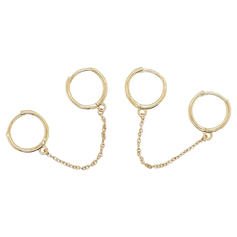 Best hoop earrings with marbled designs for a trendy and artistic effect-Double Huggie Hoop Earrings, 14K Yellow Gold Chain Huggie Earrings