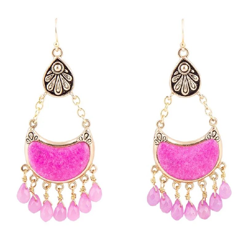 Best hoop earrings with matte finish for a sophisticated, understated design-Flamenco Pink Magenta Agate Chandelier Golden Earrings