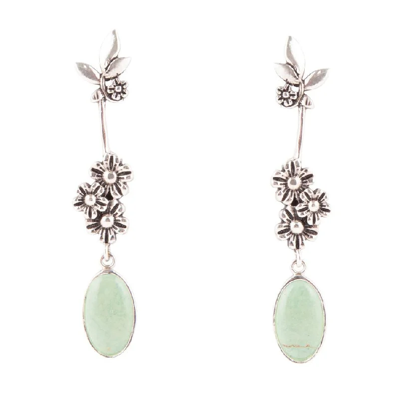 Best hoop earrings with sparkling cubic zirconia for a brilliant, budget-friendly effect-Floral Linear Drop Green Turquoise and Sterling Silver Earrings