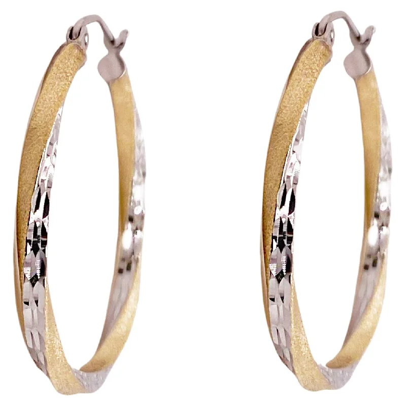 Best hoop earrings with baroque pearls for a luxurious and elegant vibe-Hammered Twisted Hoop Earrings, 14K Yellow-White Gold Mixed Metals w Satin