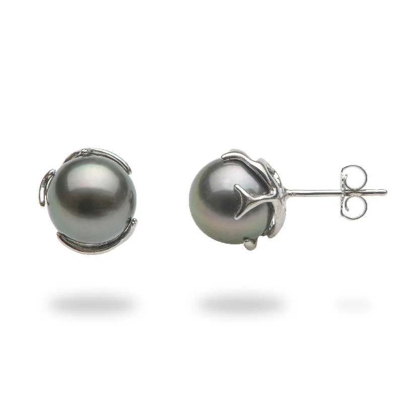 Hoop earrings with tortoiseshell designs for a chic and classic style-Heritage Tahitian Black Pearl Earrings in White Gold - 9-10mm