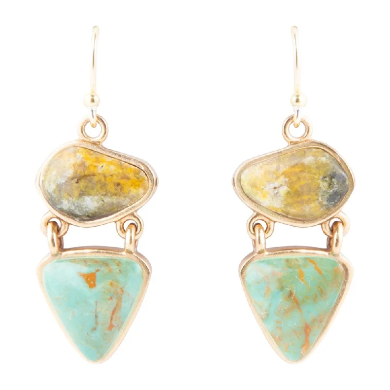 Hoop earrings with spiral designs for a dynamic and fluid look-Hinged Yellow Bumblebee Jasper and Green Turquoise Golden Earrings