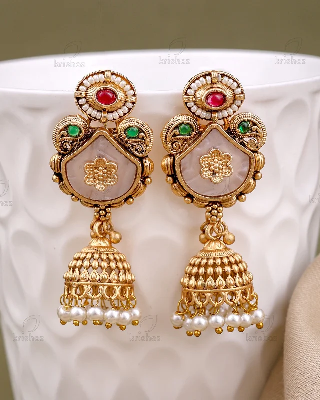 Hoop earrings with snake print designs for an edgy, wild appearance-Ishanvi Temple Gold Jhumki