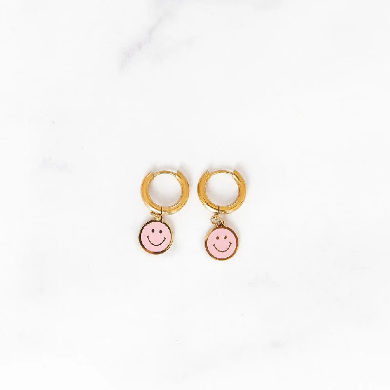 Best hoop earrings with satin ribbons for a soft, feminine appearance-Light Pink Enamel Smiley Huggies