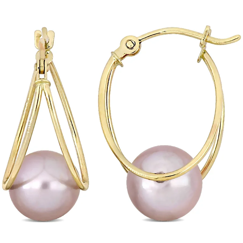 Hoop earrings with a chunky design for a bold and trendy statement-Mimi & Max 8-8.5mm Cultured Freshwater Pink Pearl Drop Hoop Earrings in 10k Yellow Gold