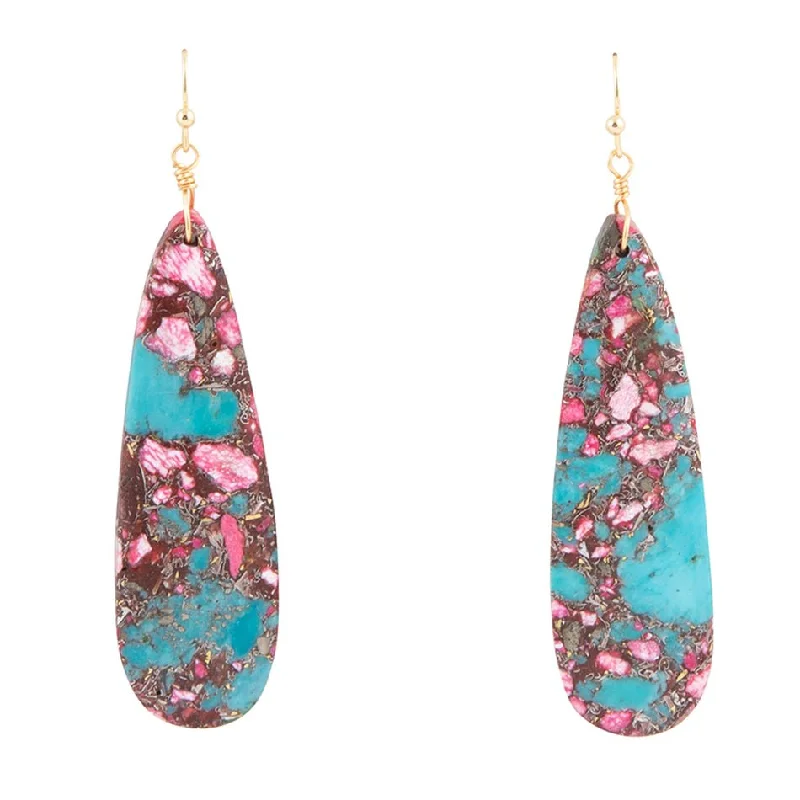 Hoop earrings with a matte black finish for a sleek, edgy vibe-Pink and Blue Jasper Matrix Slab Golden Earrings