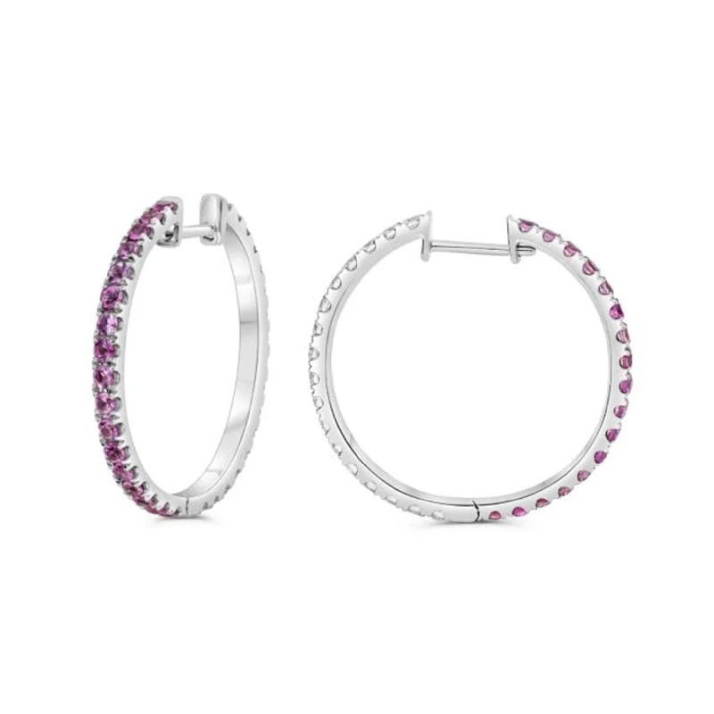 Hoop earrings with colorful beads for a fun and playful vibe-Pink Sapphire & Diamond Hoop Earrings