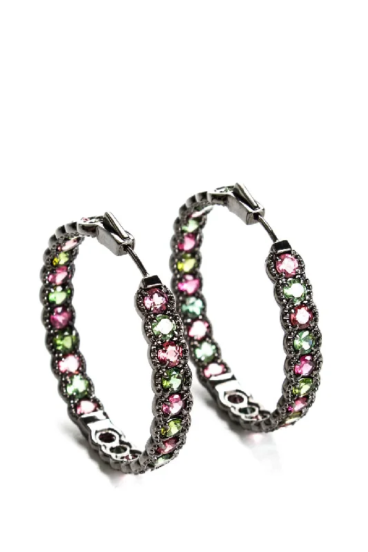 Hoop earrings with luxe velvet finishes for a rich and luxurious touch-Rarities 925 Sterling Silver Tourmaline Gemstone Hoop Earrings Multicolor 19.8G