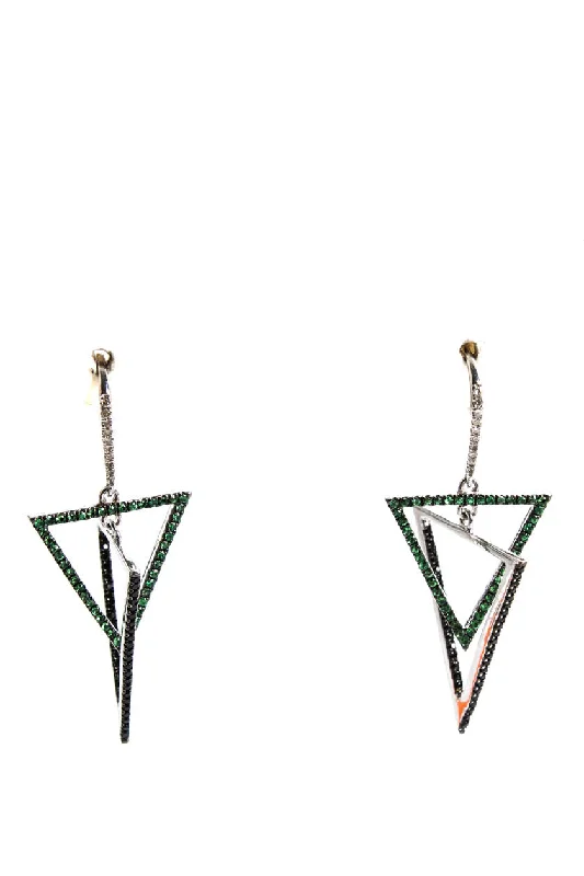 Hoop earrings with resin accents for a bold and colorful design-Rarities Sterling Silver Diamond Tsavorite Zircon Dangle Earrings 1.75" 7g