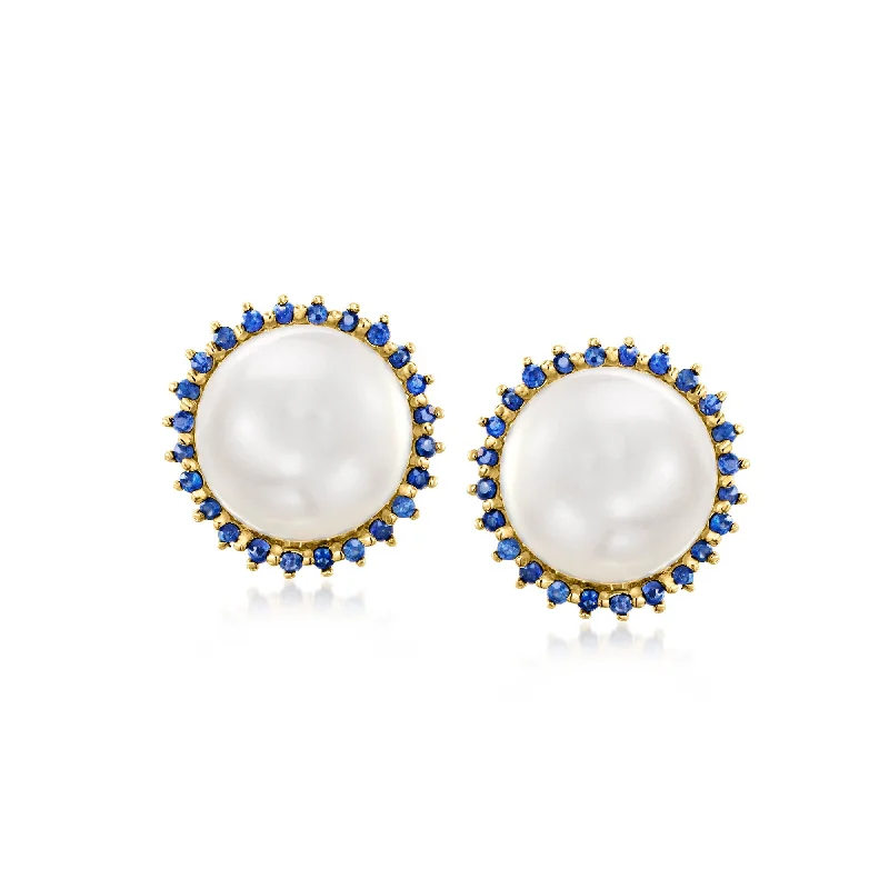 Best hoop earrings with custom designs for a personalized, unique accessory-Ross-Simons 9-9.5mm Cultured Pearl and . Sapphire Earrings in 14kt Yellow Gold