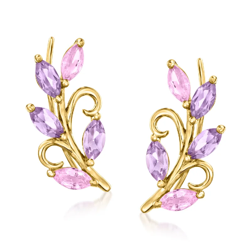 Hoop earrings with oversized pearl accents for a statement-making look-Ross-Simons Amethyst and . Pink Sapphire Vine Ear Climbers in 14kt Yellow Gold