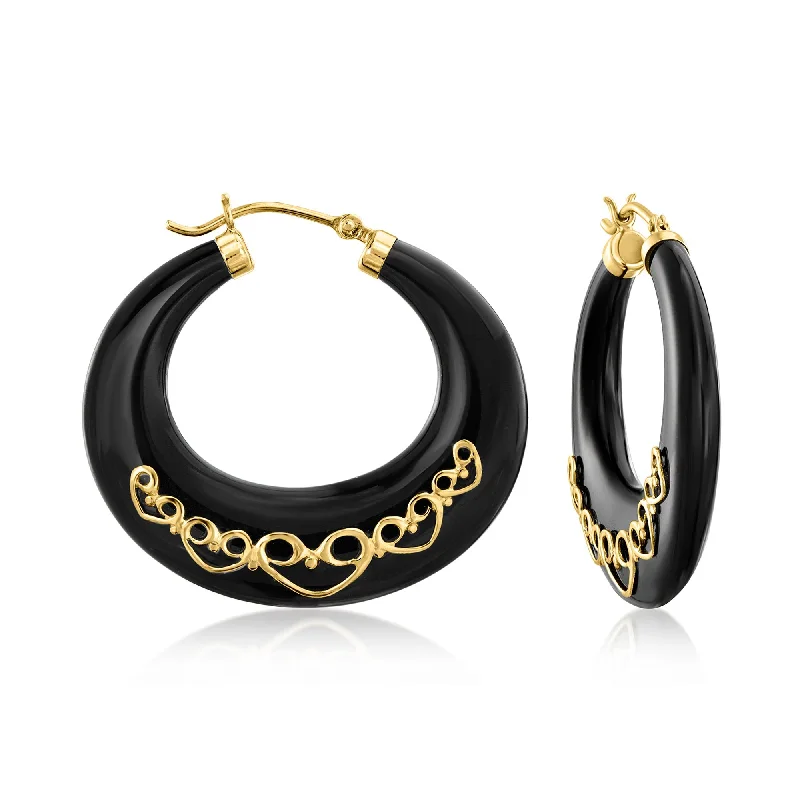 Best hoop earrings with turquoise stones for a bohemian-inspired vibe-Ross-Simons Black Agate Scrolled Heart Hoop Earrings in 14kt Yellow Gold